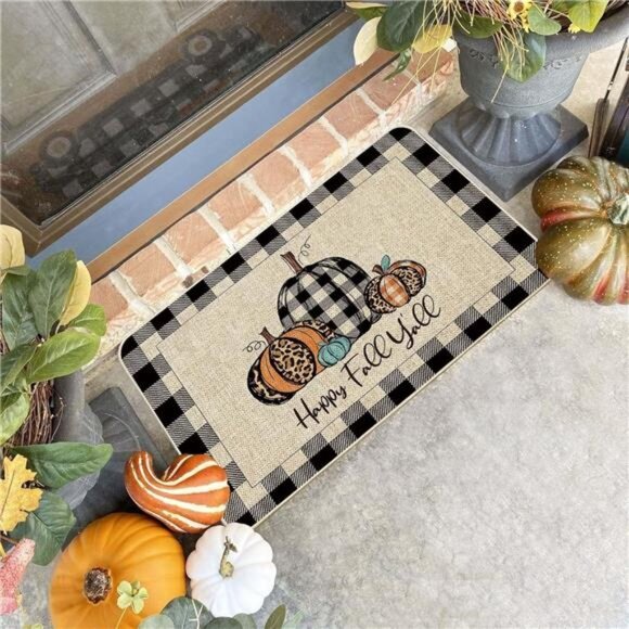 Happy Fall Y'all Doormat Buffalo Check Plaid Pumpkin Door Mats Autumn 17x29 inch - Picture 4 of 6